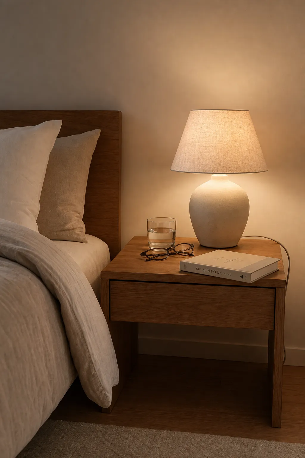 A simplified bedside area with a shaded lamp, clear surface, managed cord, and no open flame near bedding