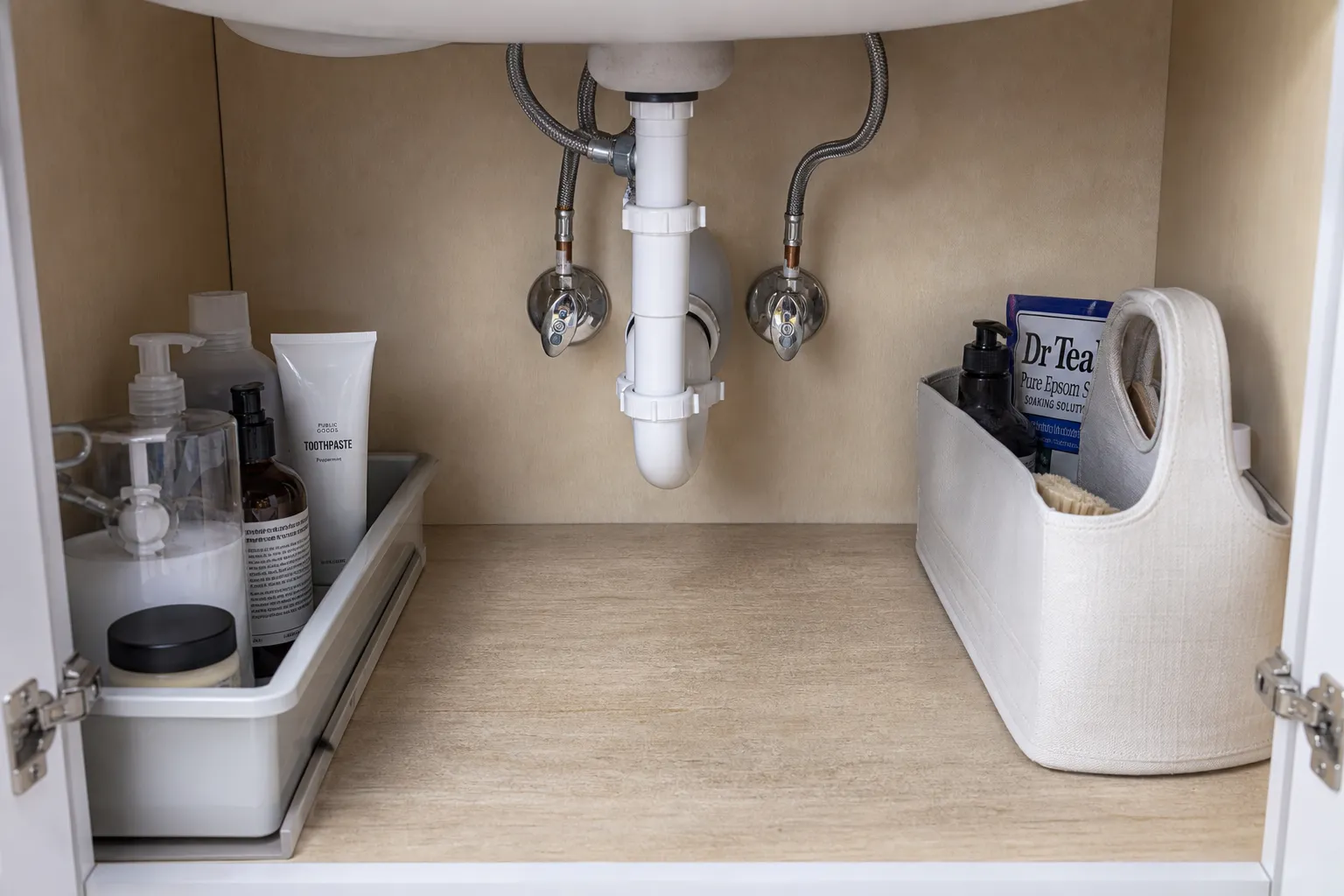 Open vanity cabinet showing a visible floor strip beneath the drain for moisture checks