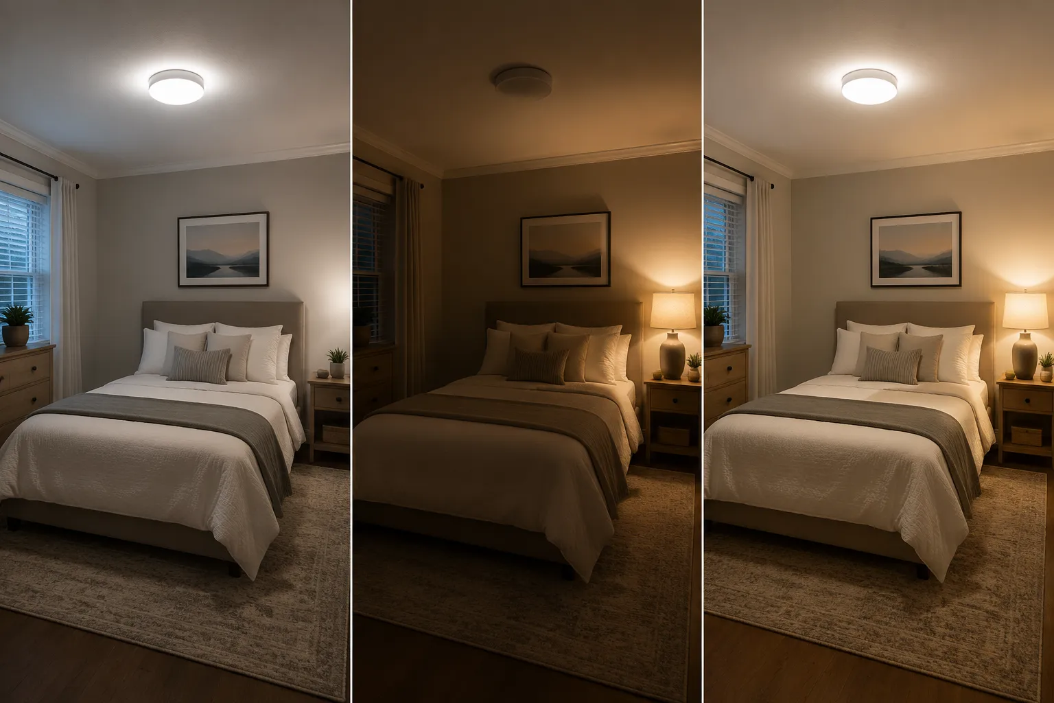 Bedroom lighting tested with overhead light, bedside lamp, and both together