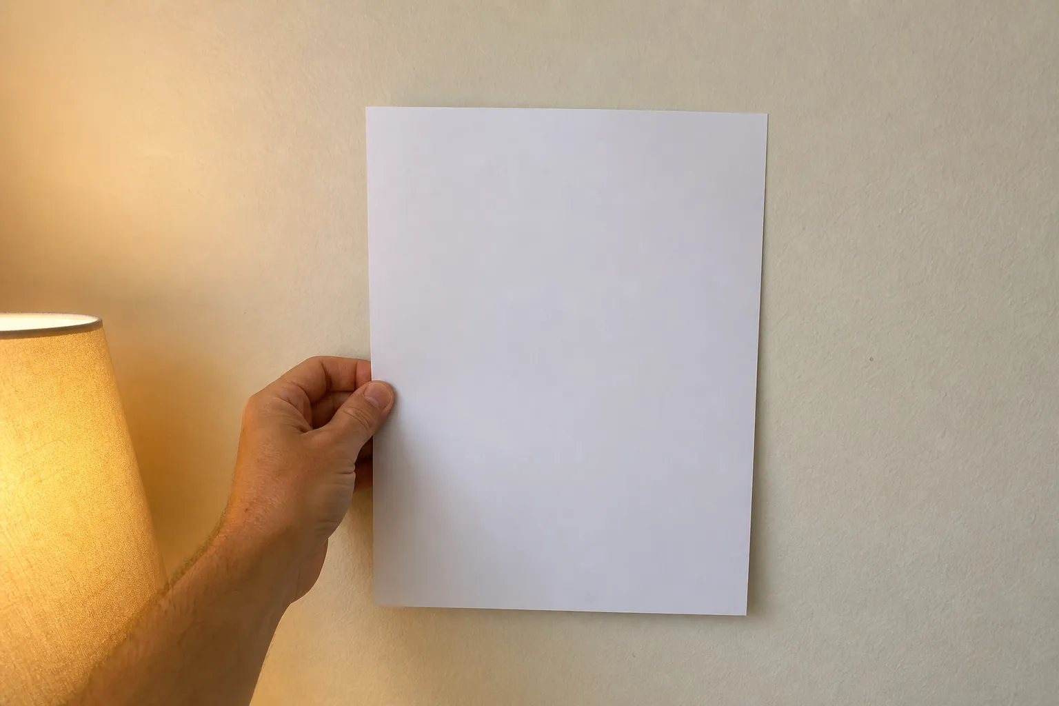A plain white paper test beside a pale wall under evening lamp light