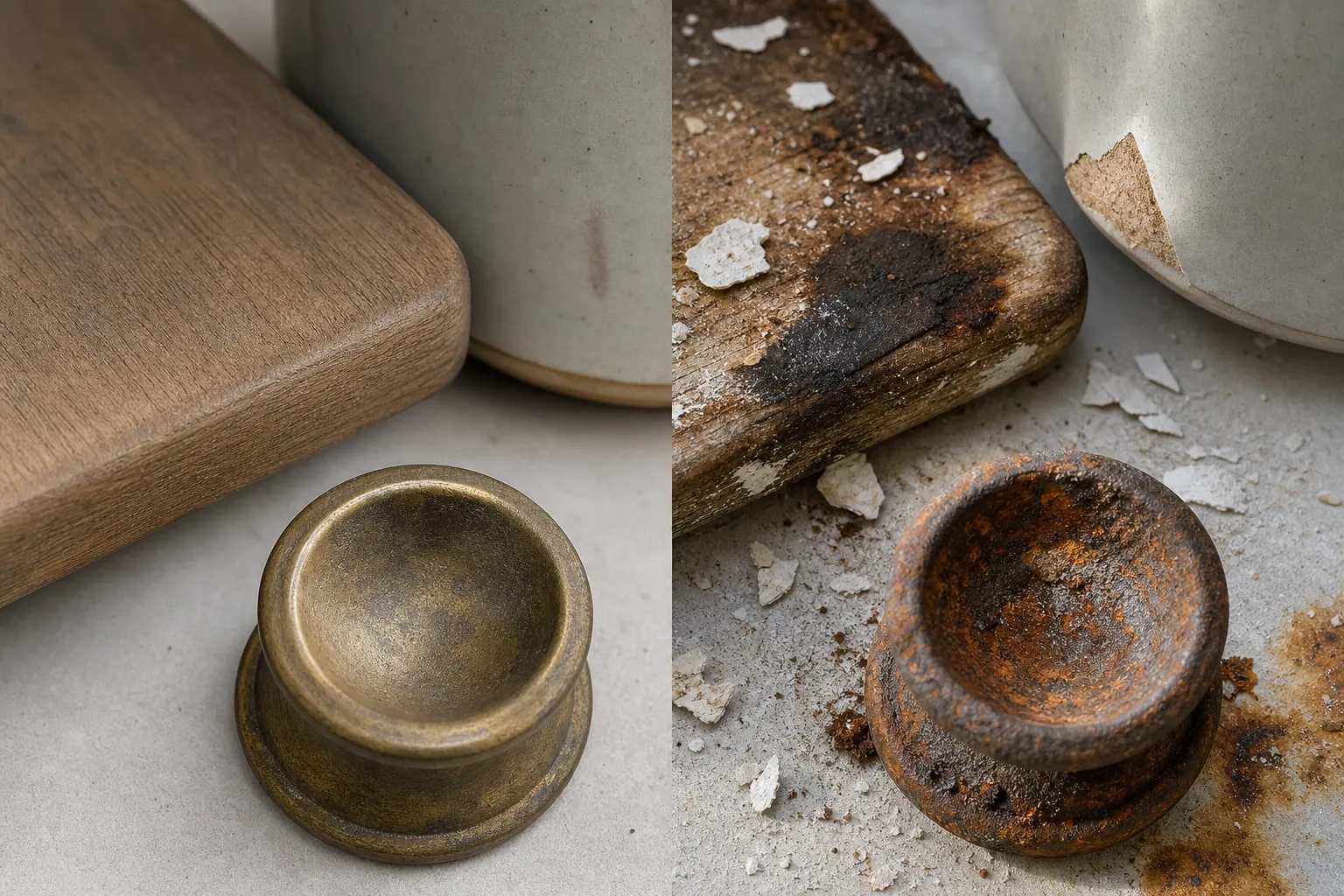 Close household material details contrasting smooth worn touch points with flaking, damp, sticky, or sharp problem signs