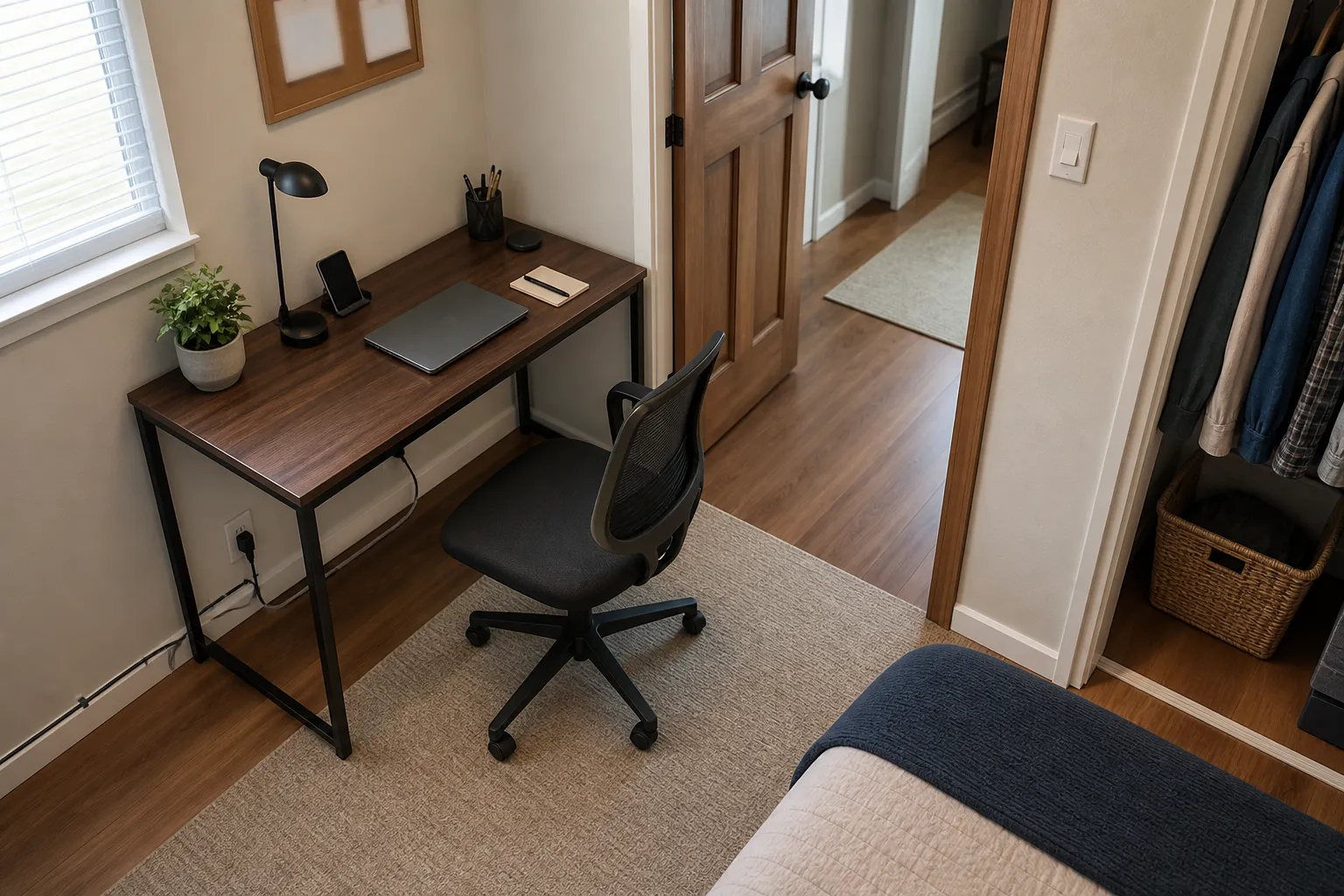 Small home office clearance check with a chair pulled out, door path open, and cords routed along the wall