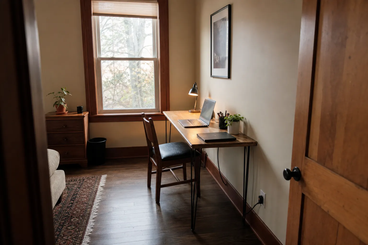 Small room desk placed along a wall with side window light, clear chair space, and an open walking path