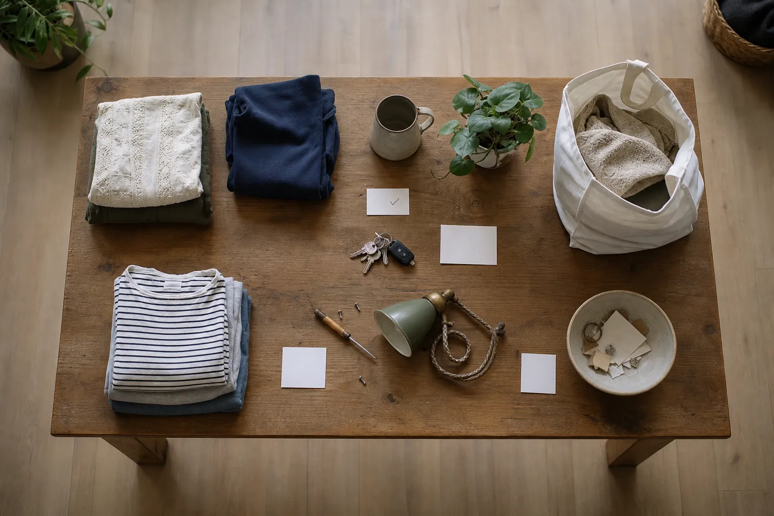 A seasonal reset staging surface with grouped items for keeping, returning, washing, repairing, donating, and discarding