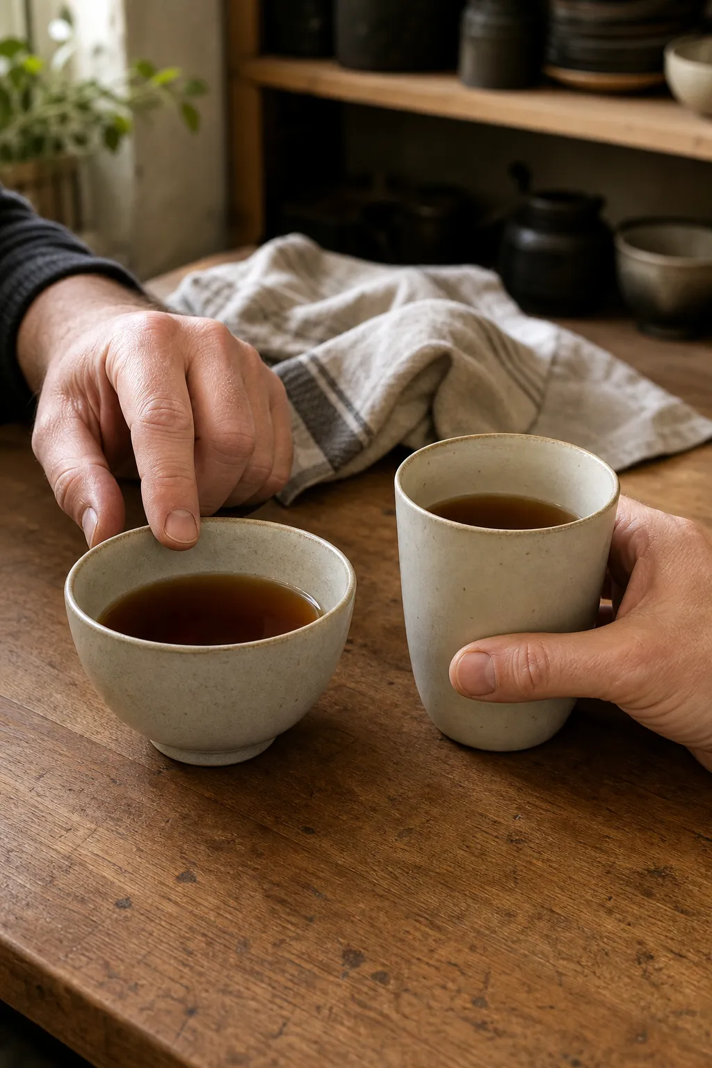 Hands comparing the rim and grip of two tea cups before choosing one for everyday tea drinking