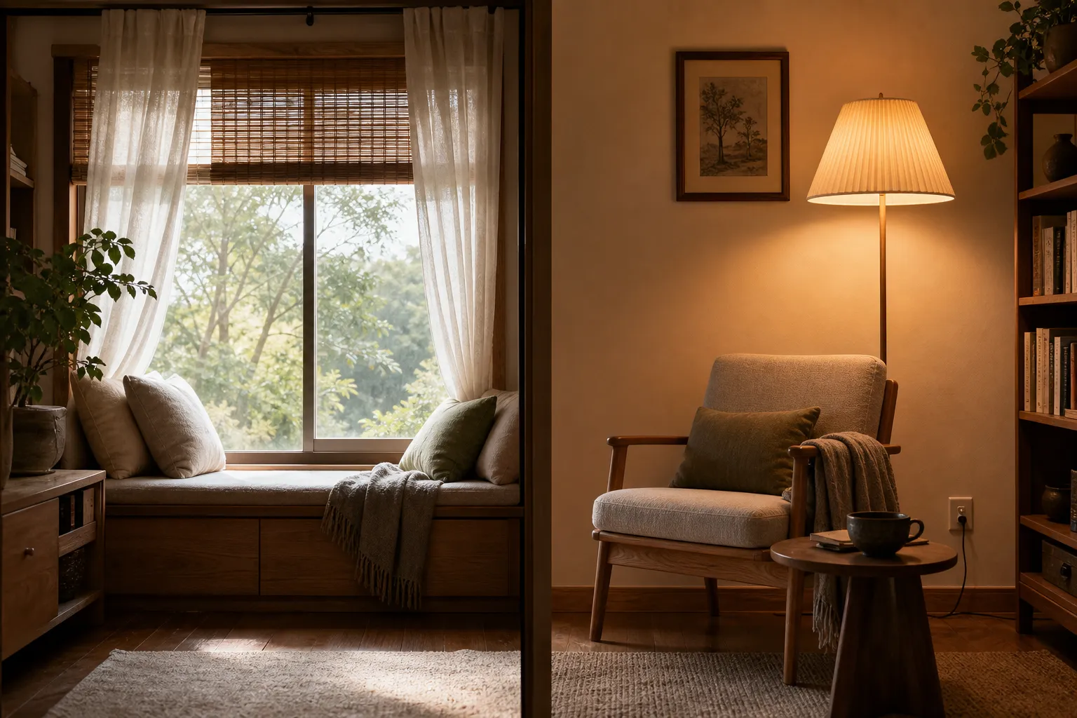 A window reading nook and a lamp-lit reading corner shown as two practical choices for reading light and placement