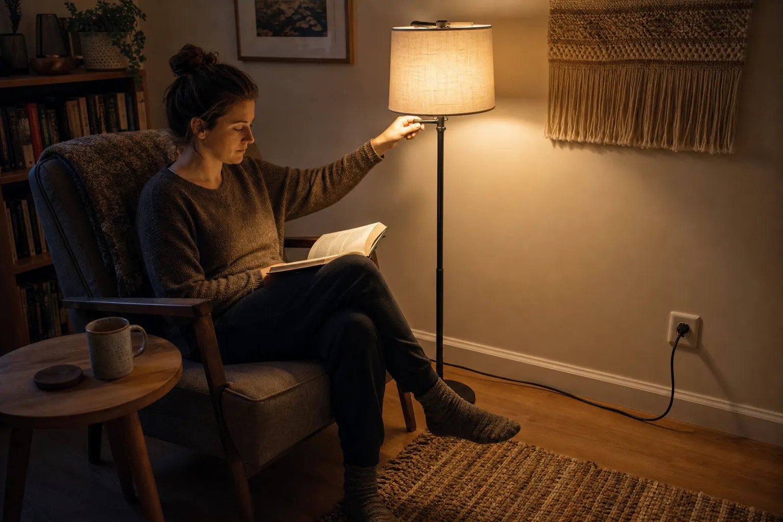 A reader checking whether a lamp reaches an open book while the cord path and switch remain easy to use