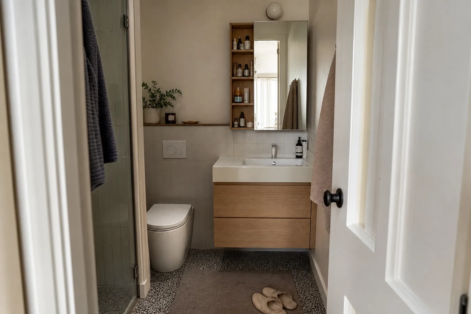 Small bathroom layout showing clear movement, dry storage, and towel placement