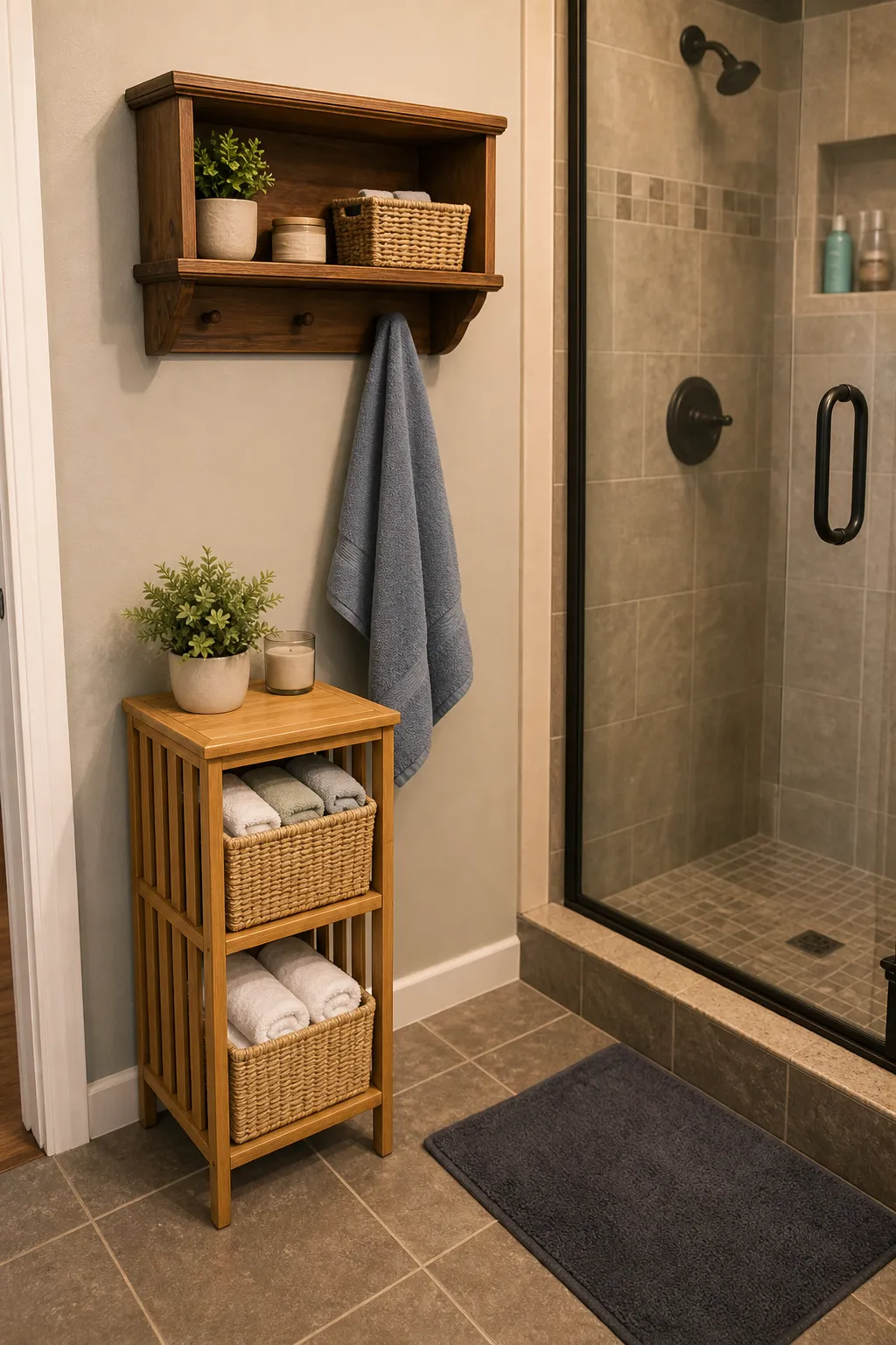 Wood bathroom storage kept away from shower spray with space for towels to dry
