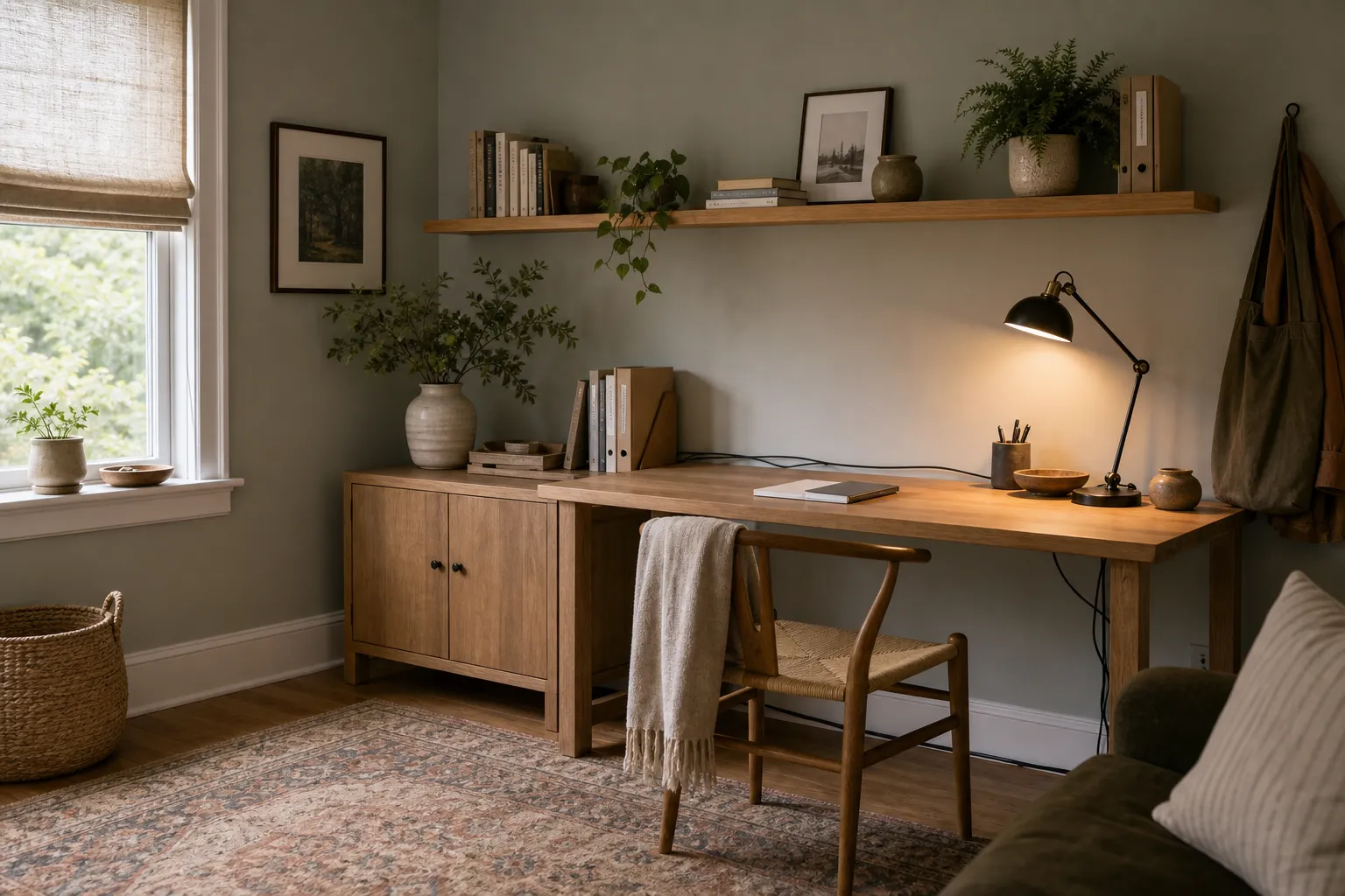 Home office corner with side daylight, task lamp, closed storage, and cables routed away from the writing area