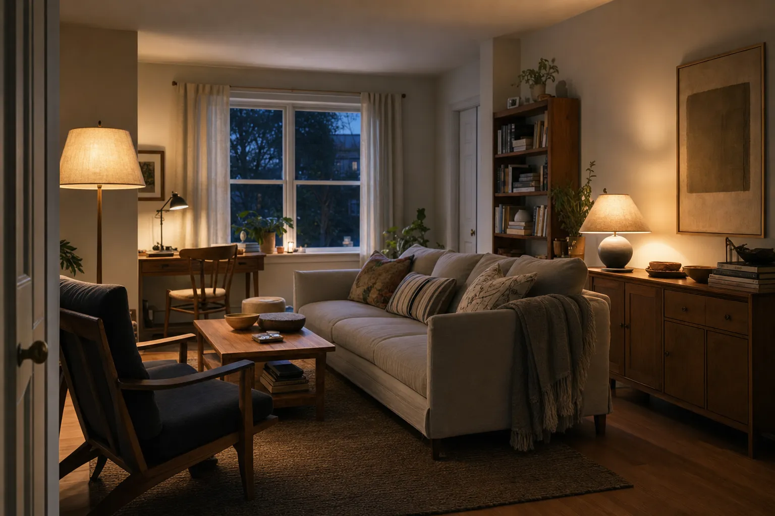 A warm home room with shaded lamps, visible task areas, and controlled glare