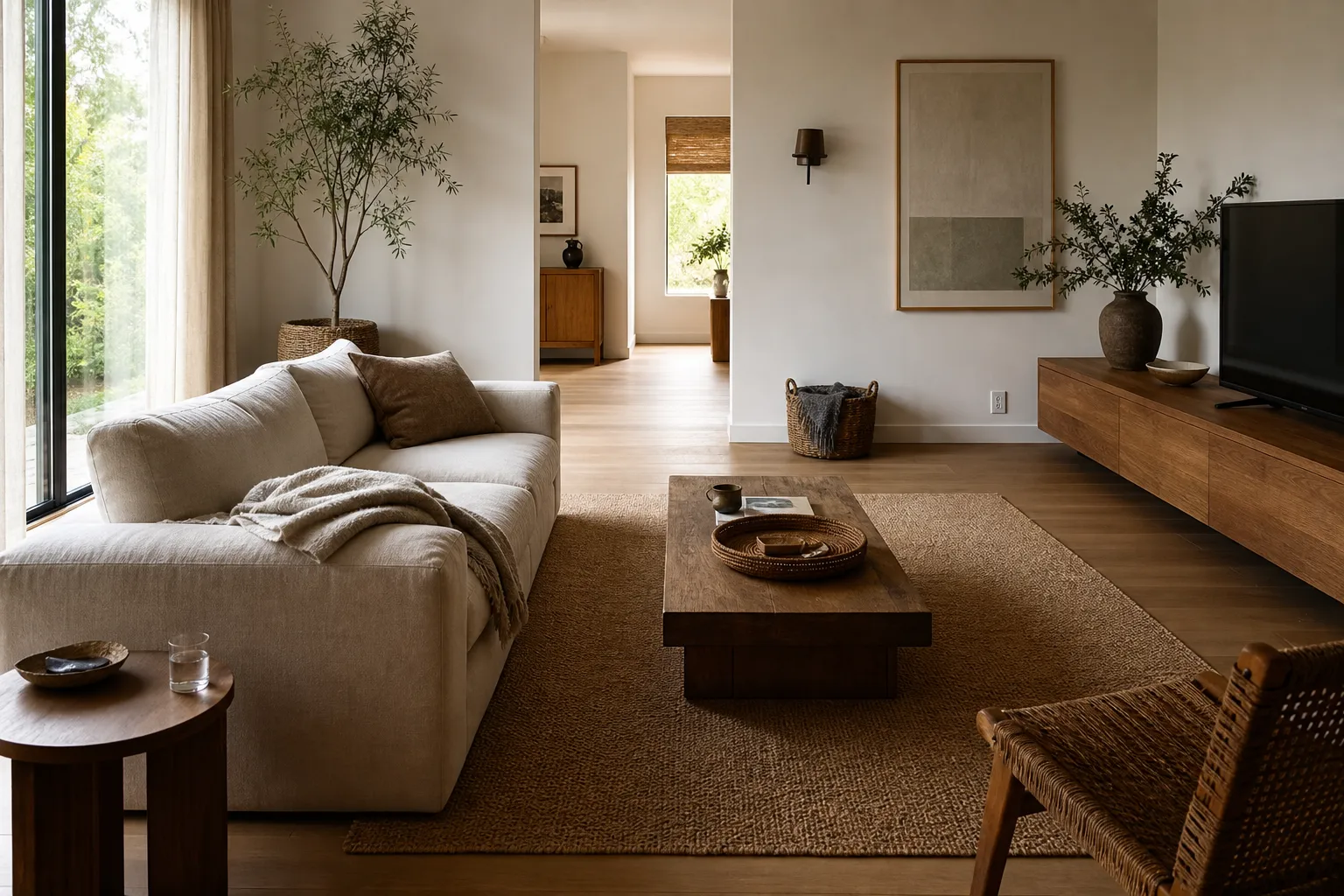 Low living room furniture arranged with clear walkways, a low table, and open wall space