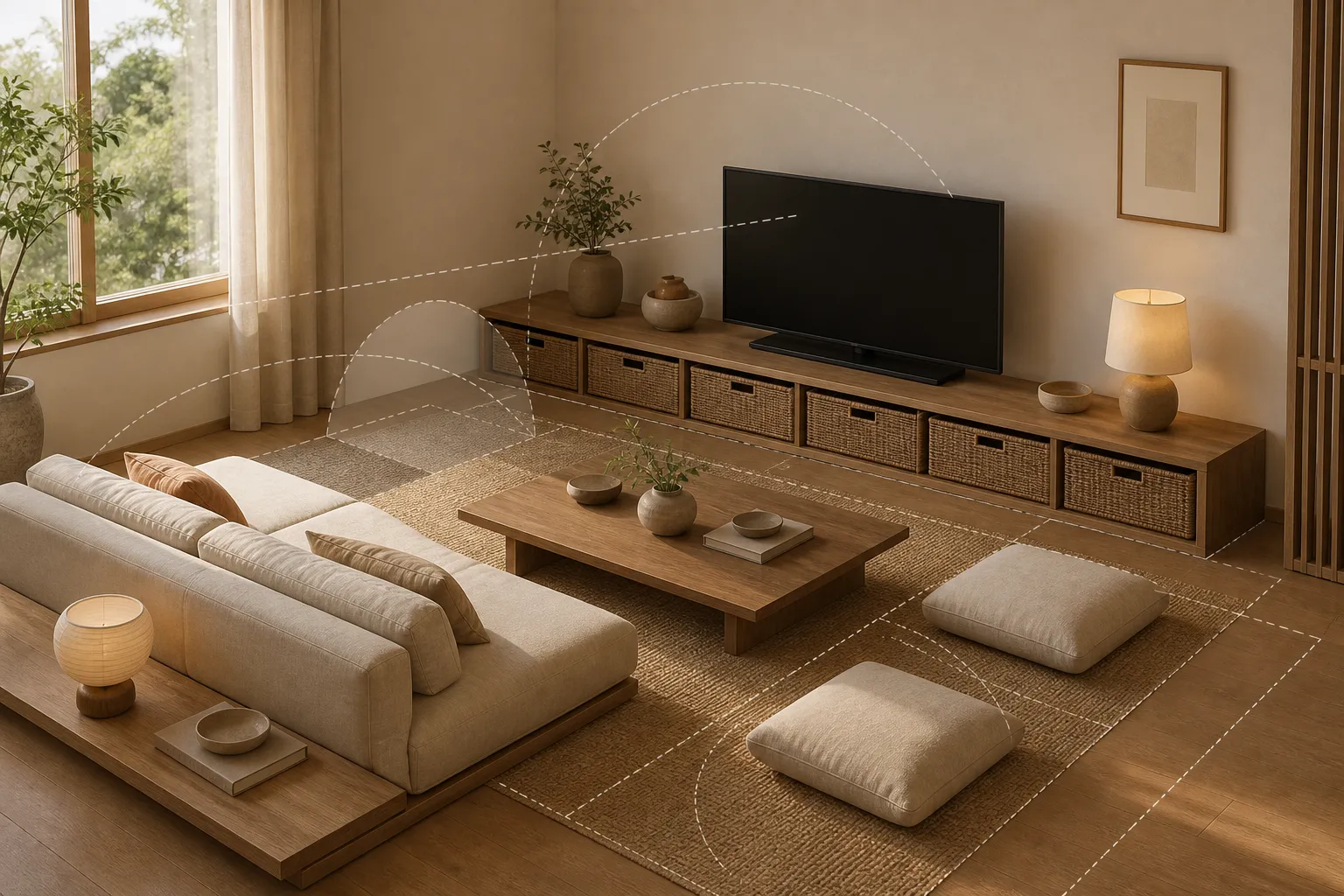 Low sofa, coffee table, media bench, and floor cushions checked together for reach and viewing height