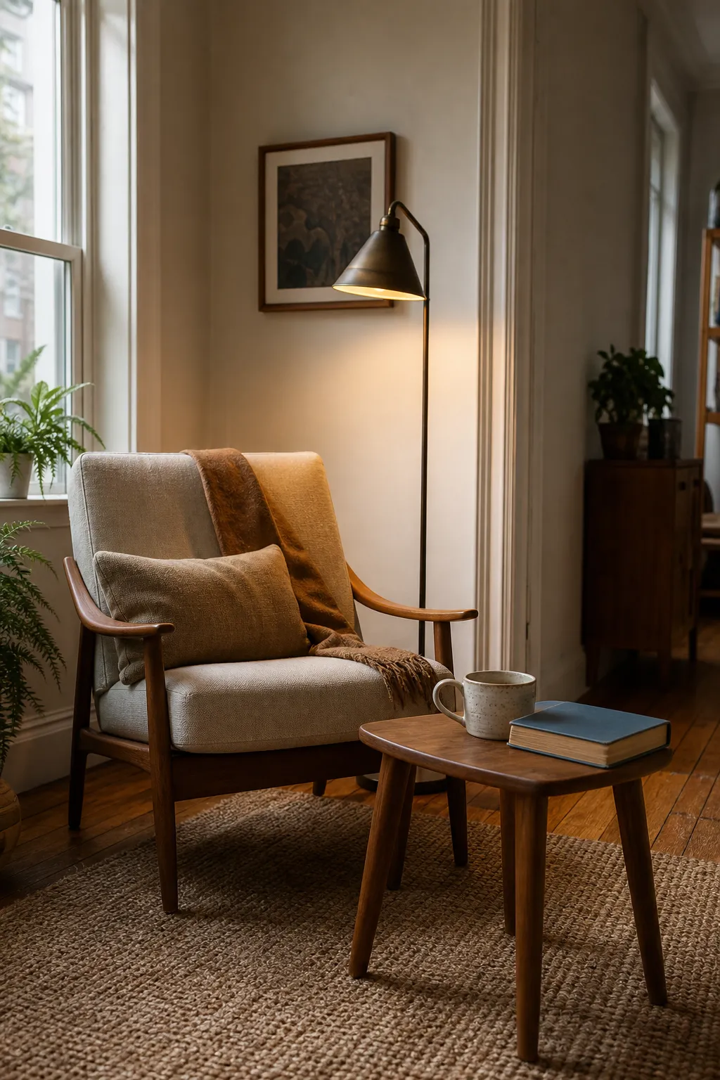 A small reading corner with a chair, side table, and layered light away from the main path.