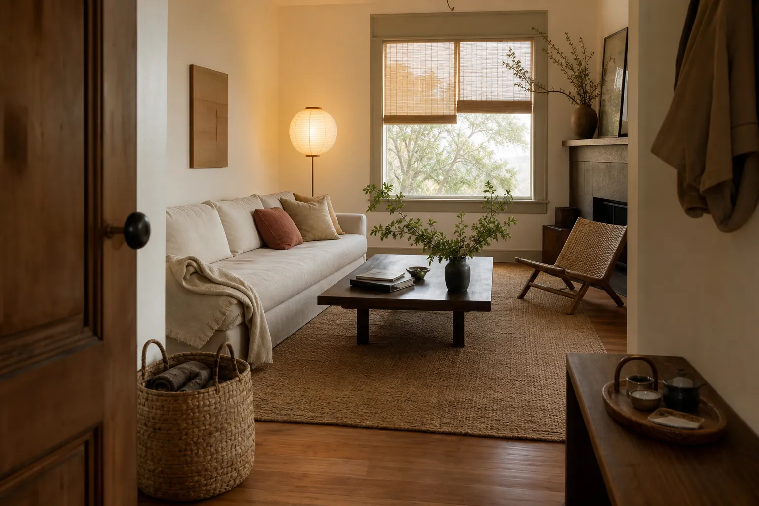 A calm living room with clear circulation, softer light, and grouped daily objects.